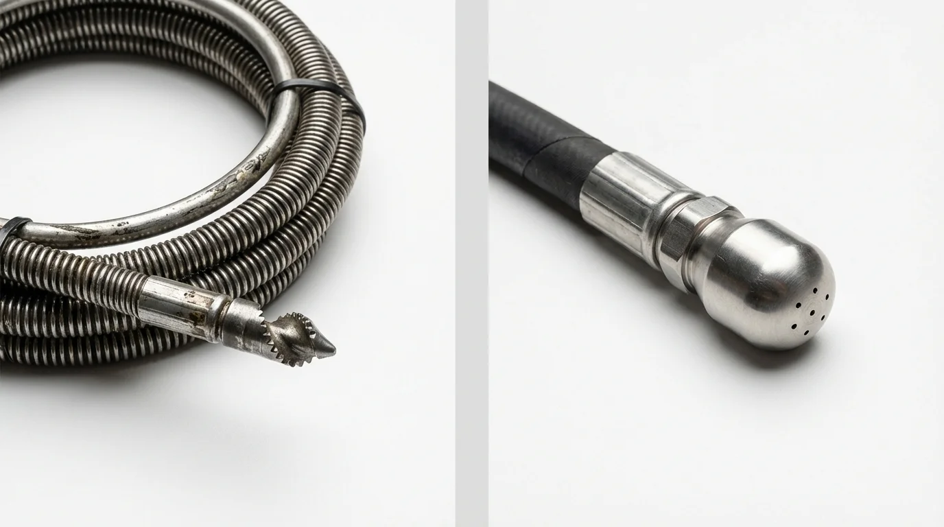 Drain snake cable and hydro jetting nozzle used for drain cleaning in Lawrence, KS