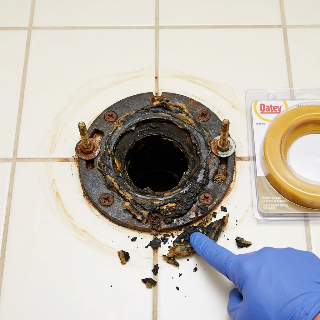 Failed wax ring showing water seepage at the base of a toilet in a Lawrence, KS home