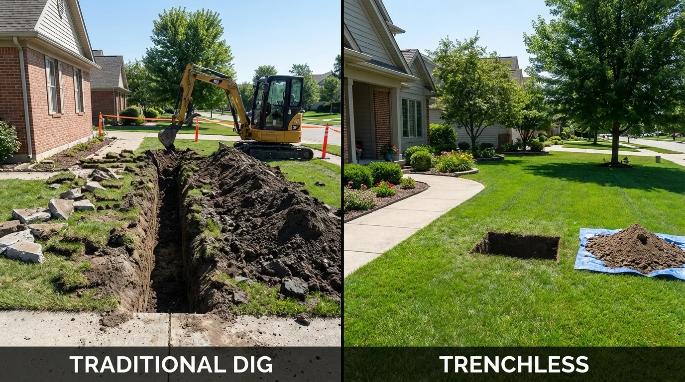 Trenchless sewer repair with minimal yard damage versus traditional excavation in Lawrence, KS